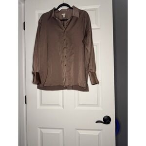 A New Day Satin Relaxed Button Down Blouse Large  Taupe  Slits In Side